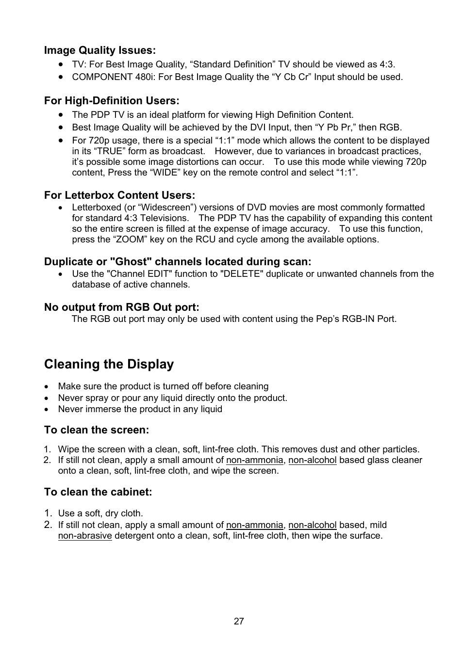 Cleaning the display | Polaroid PLA-4250A User Manual | Page 27 / 28