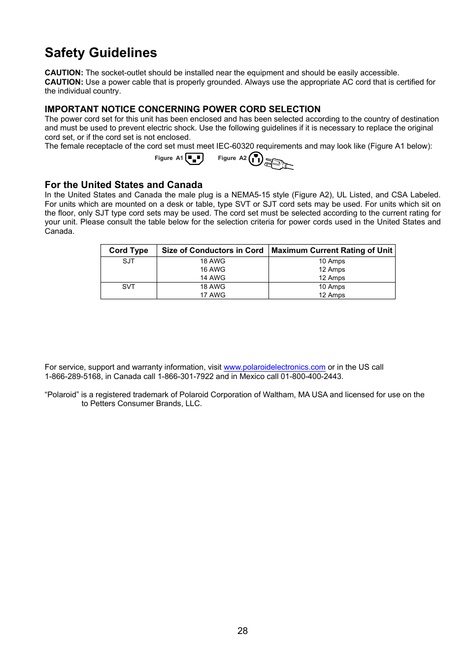 Safety guidelines, For the united states and canada | Polaroid PLA-4250A User Manual | Page 28 / 28