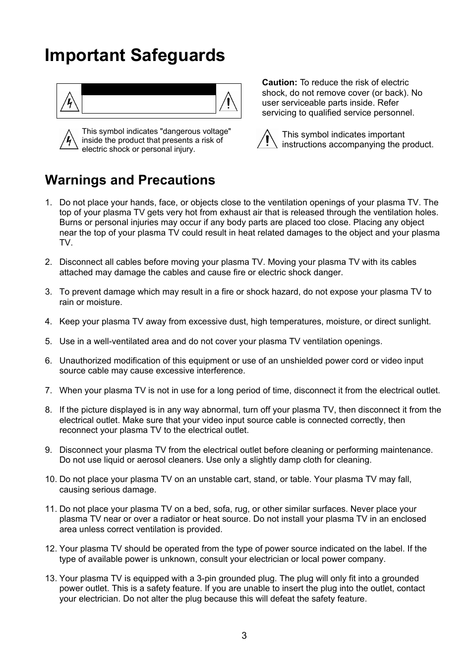 Important safeguards, Warnings and precautions | Polaroid PLA-4250A User Manual | Page 3 / 28