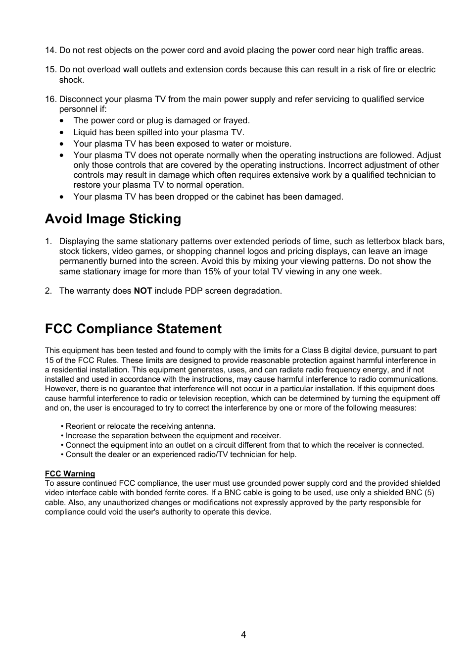 Avoid image sticking, Fcc compliance statement | Polaroid PLA-4250A User Manual | Page 4 / 28