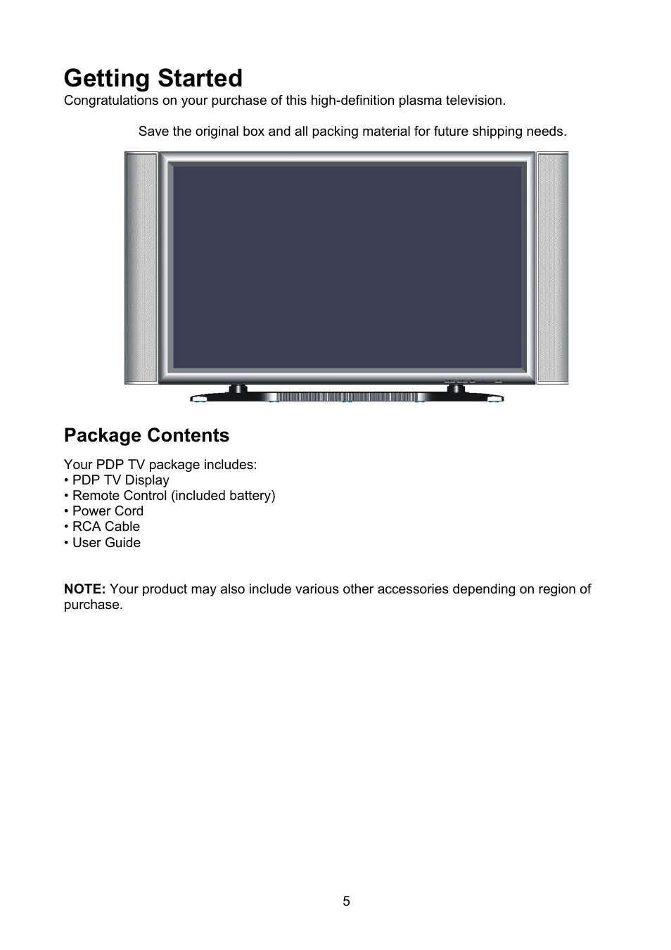 Getting started, Package contents | Polaroid PLA-4250A User Manual | Page 5 / 28