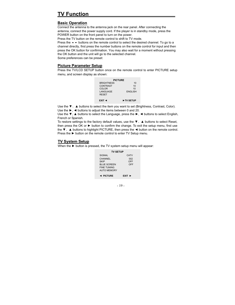 Tv function, Basic operation, Picture parameter setup | Tv system setup | Polaroid FDX-0700T User Manual | Page 19 / 35