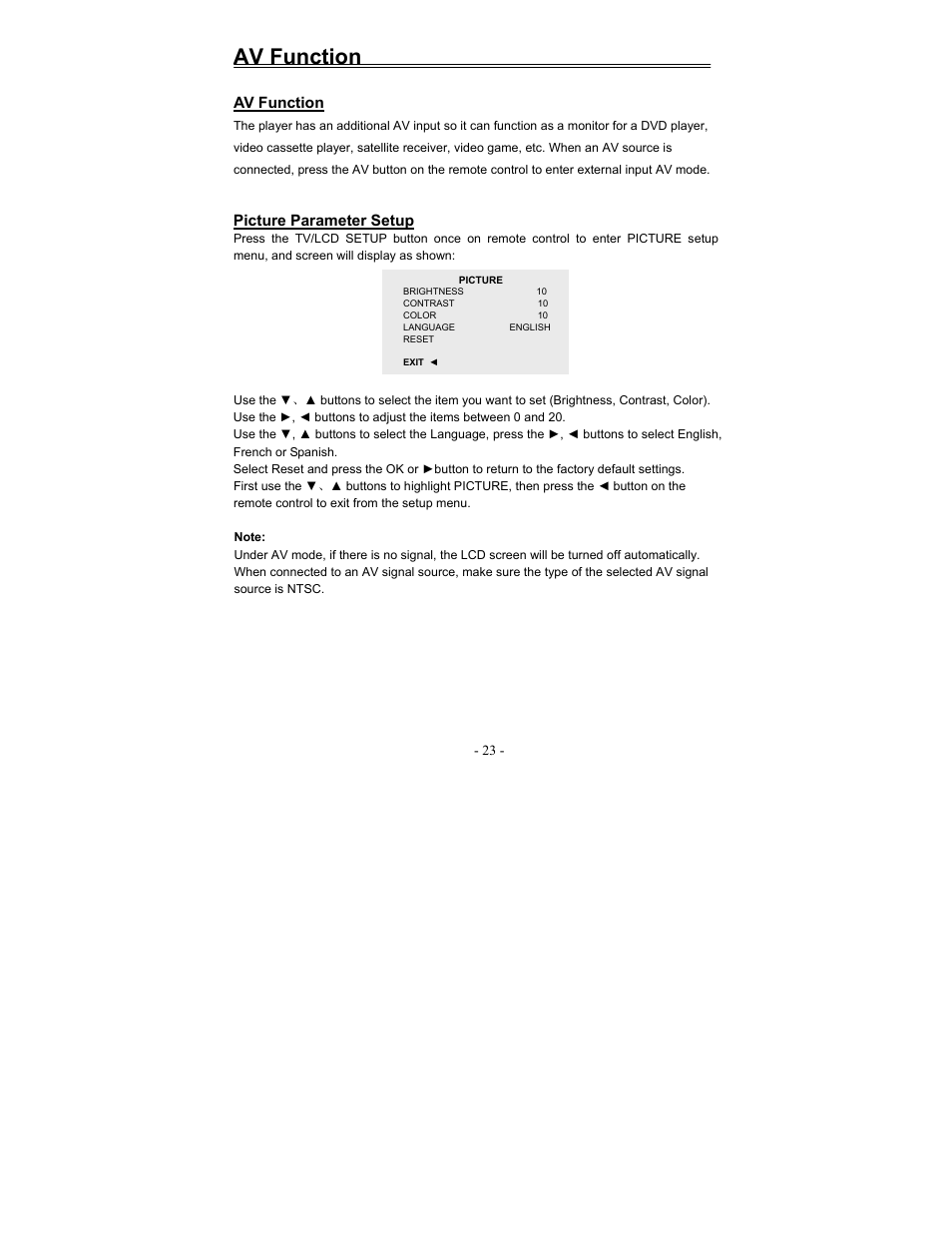 Av function | Polaroid FDX-0700T User Manual | Page 23 / 35