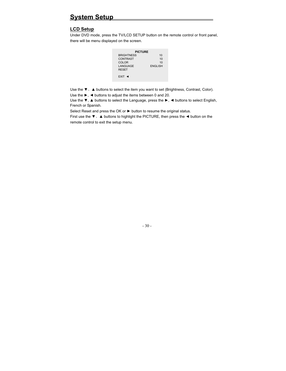 System setup | Polaroid FDX-0700T User Manual | Page 30 / 35