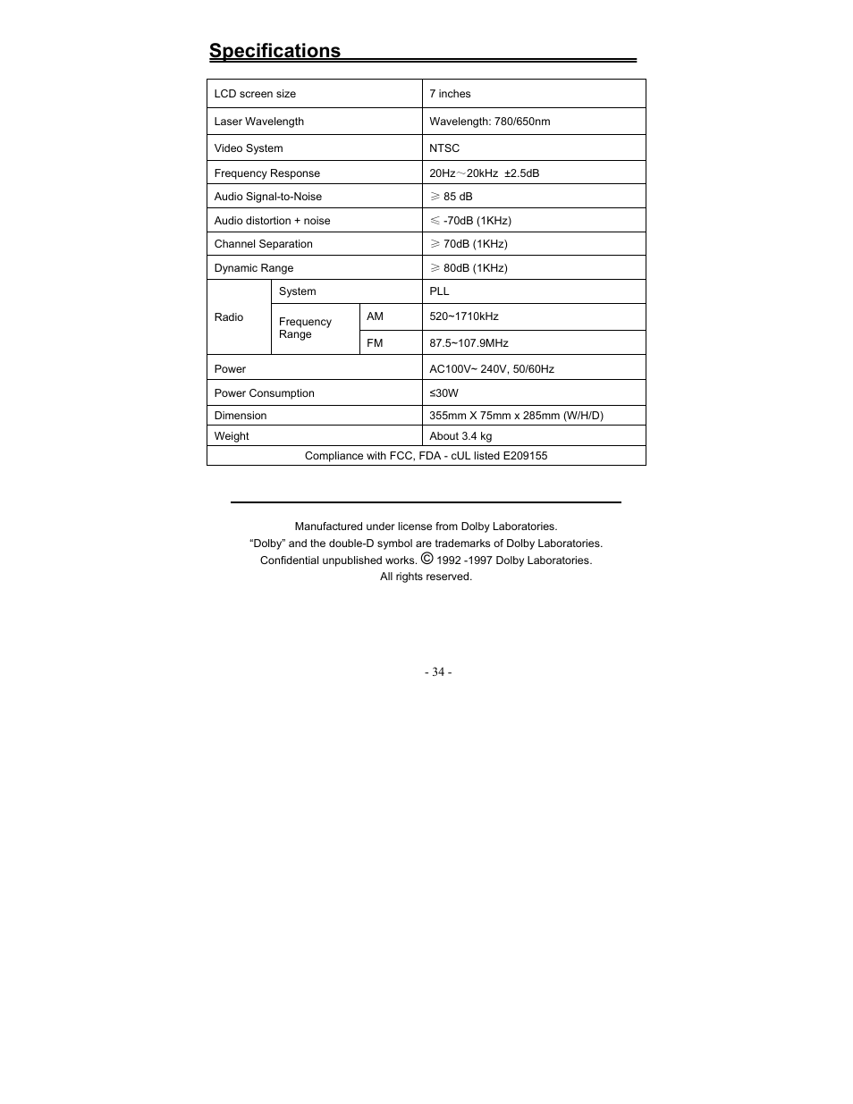 Specifications | Polaroid FDX-0700T User Manual | Page 34 / 35