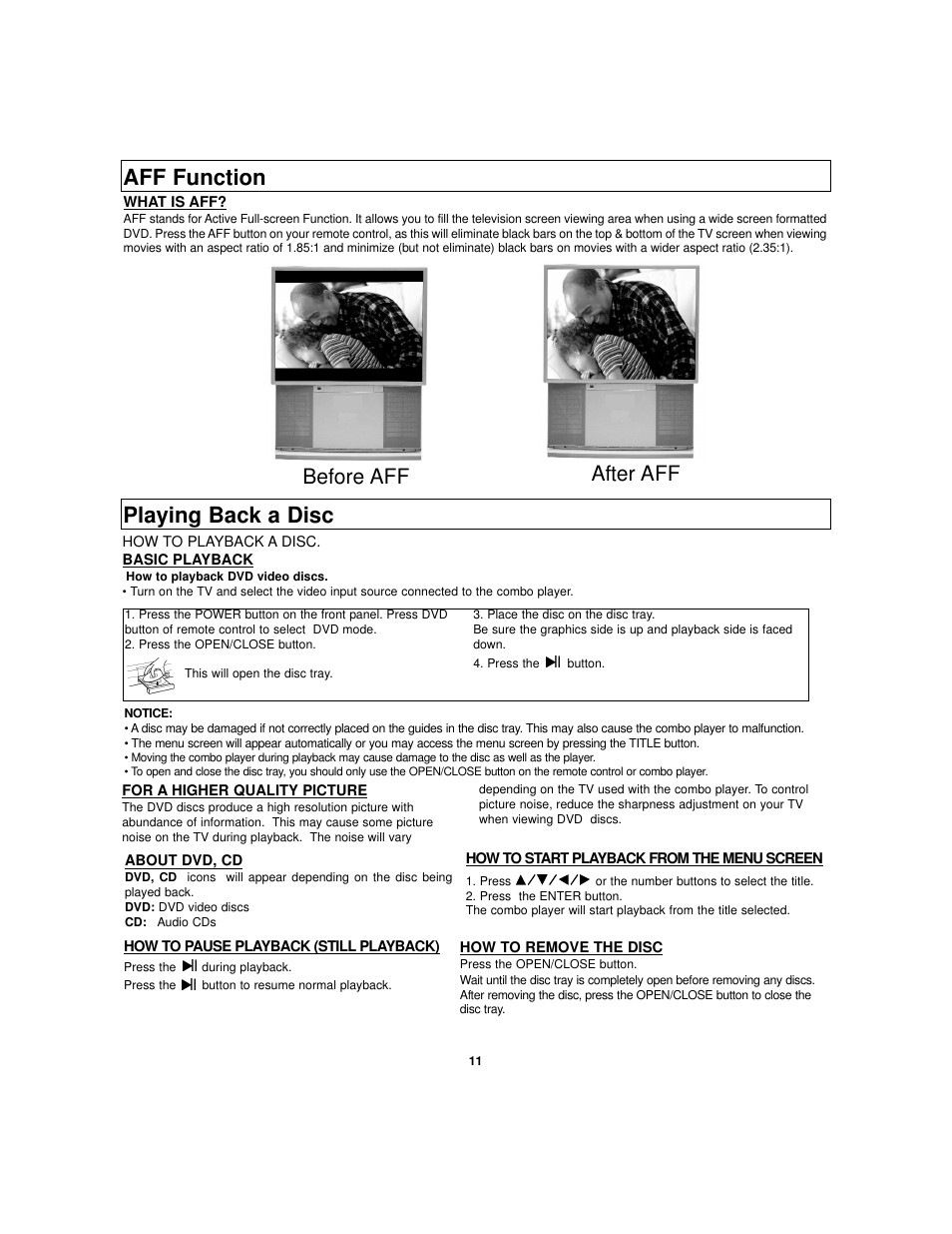 Aff function, Playing back a disc, Before aff after aff | Polaroid DVC-2010 User Manual | Page 12 / 22