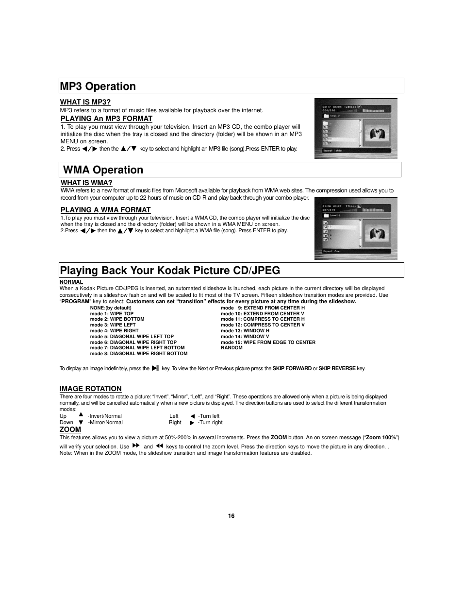 Playing back your kodak picture cd/jpeg, Wma operation, Mp3 operation | Polaroid DVC-2010 User Manual | Page 17 / 22