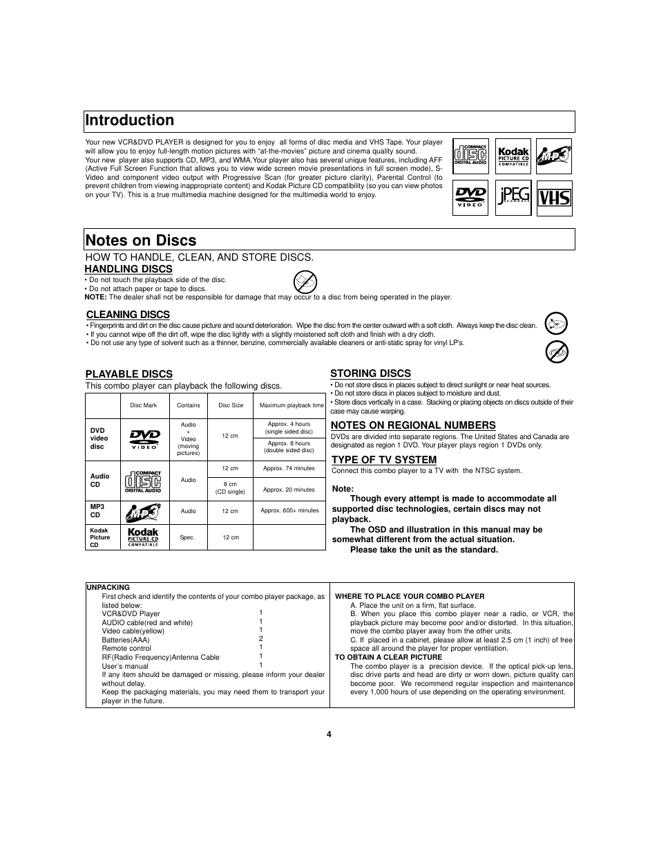 Introduction, Type of tv system, Cleaning discs | Storing discs, Playable discs | Polaroid DVC-2010 User Manual | Page 5 / 22