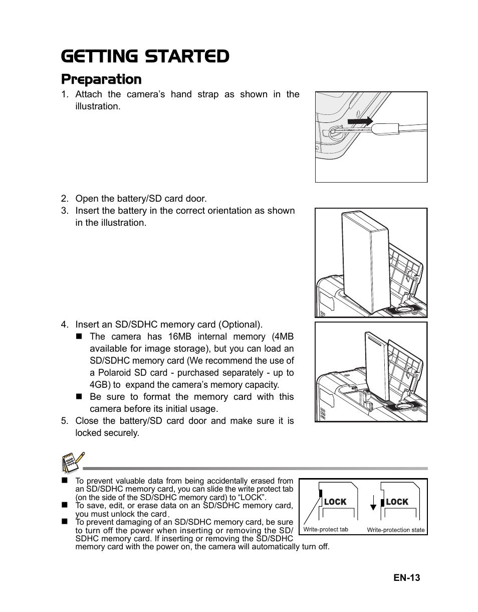 13 getting started, 13 preparation, Getting started | Preparation | Polaroid CZA-05300B User Manual | Page 14 / 47