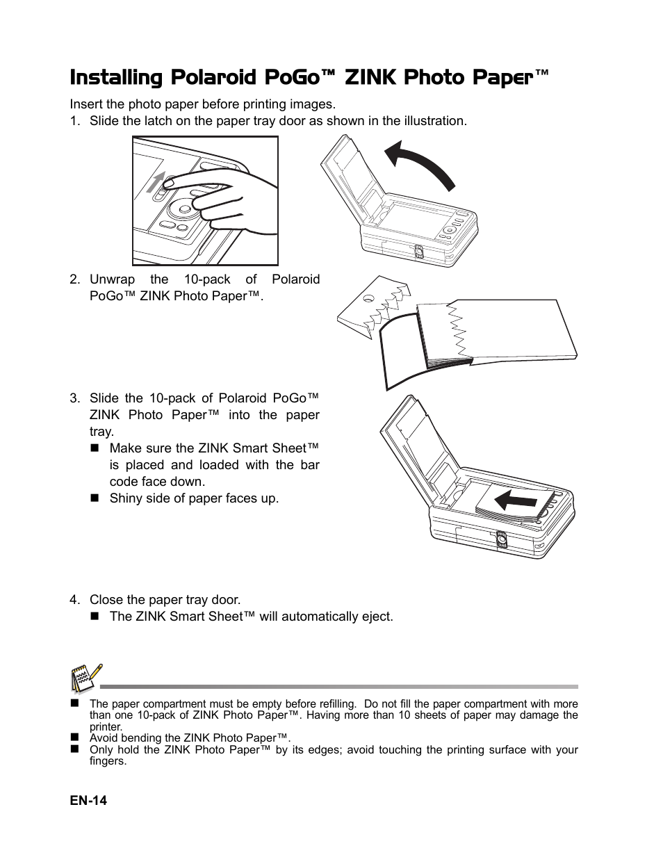 14 installing polaroid pogo™ zink, Photo paper, Installing polaroid pogo™ zink photo paper | Polaroid CZA-05300B User Manual | Page 15 / 47