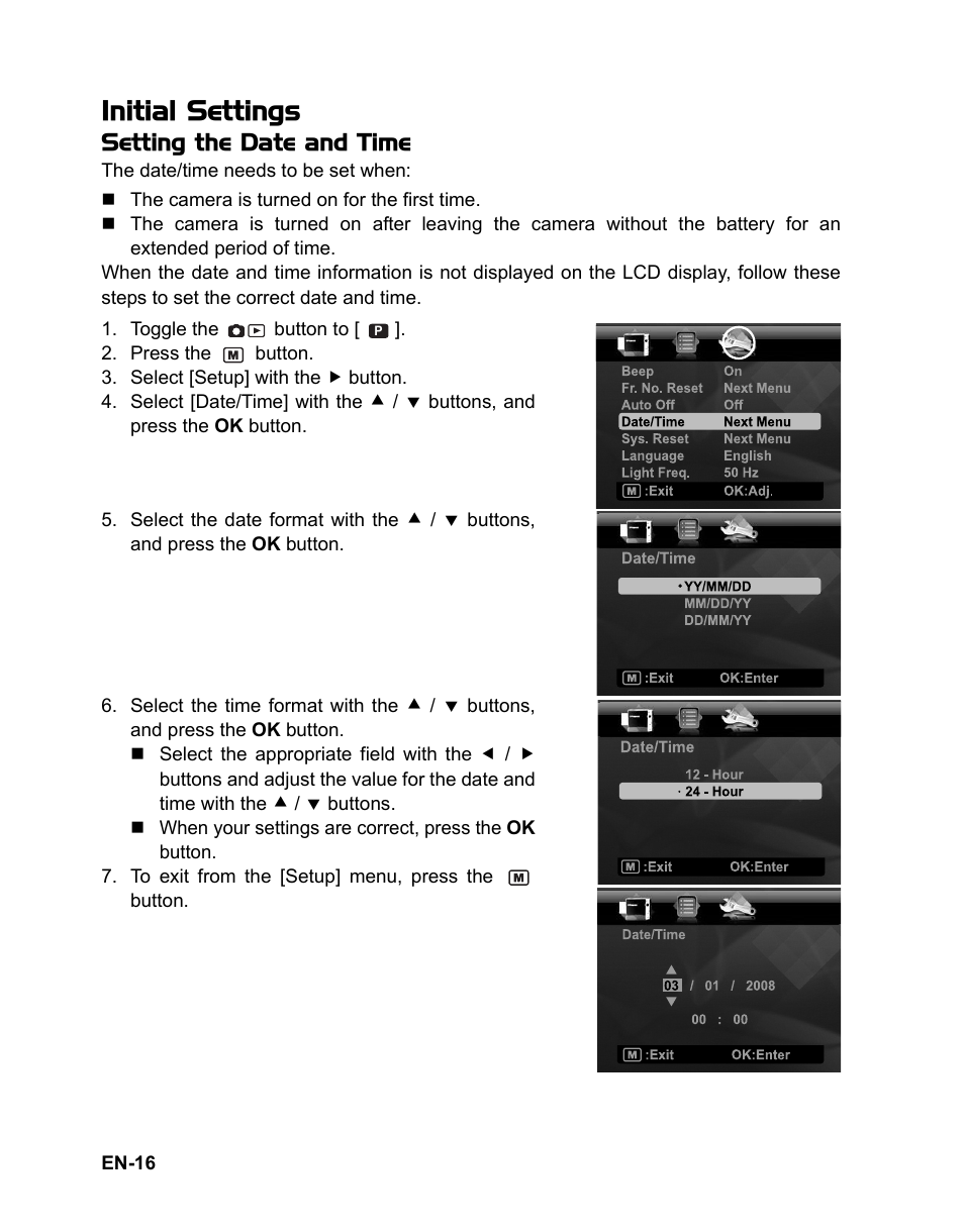 16 initial settings, Initial settings, Setting the date and time | Polaroid CZA-05300B User Manual | Page 17 / 47