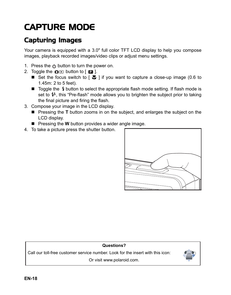 18 capture mode, 18 capturing images, Capture mode | Capturing images | Polaroid CZA-05300B User Manual | Page 19 / 47