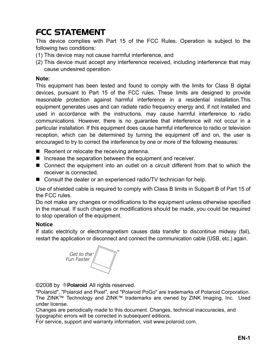 Fcc statement | Polaroid CZA-05300B User Manual | Page 2 / 47