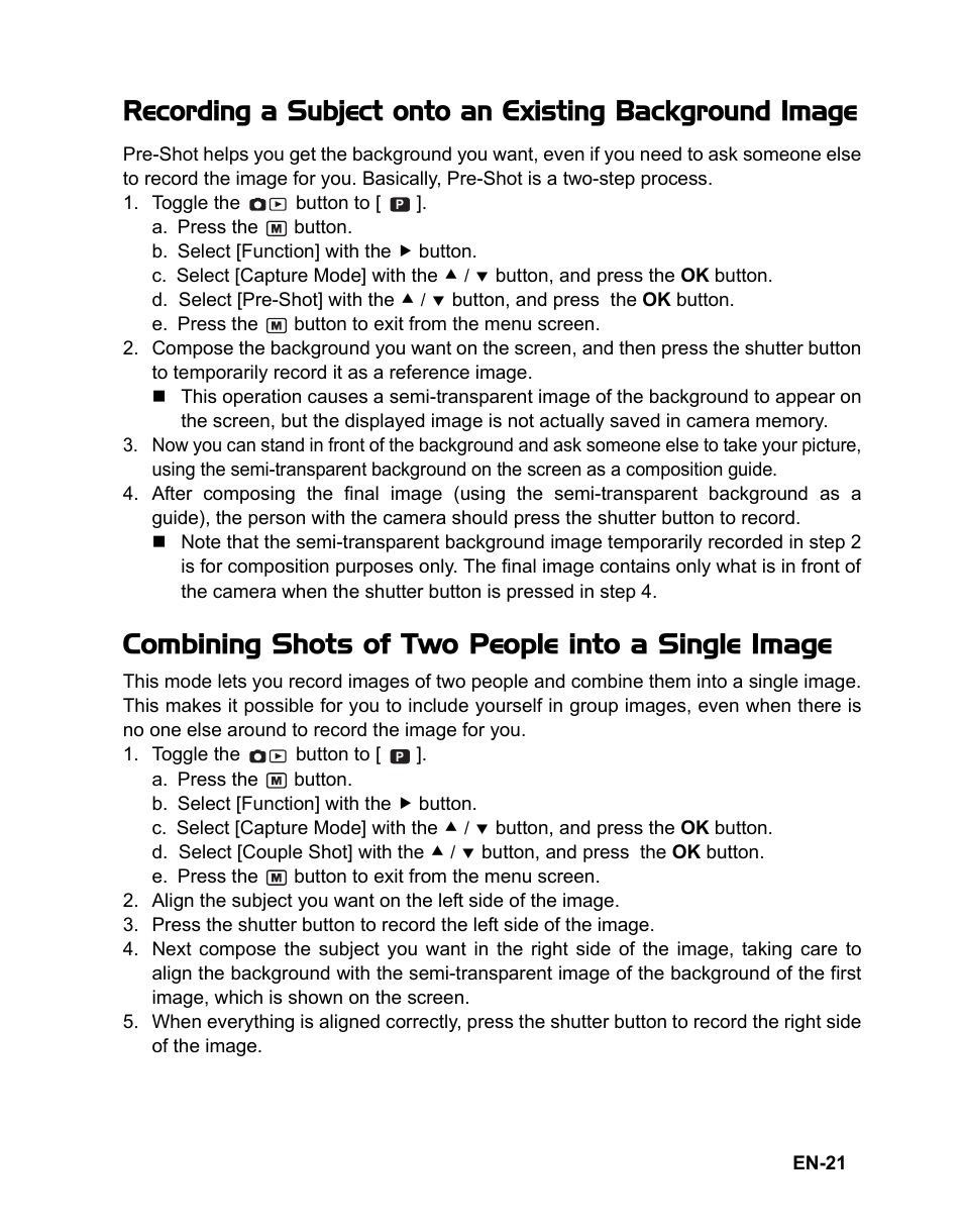 21 recording a subject onto an existing, Background image, 21 combining shots of two people into | A single image, Combining shots of two people into a single image | Polaroid CZA-05300B User Manual | Page 22 / 47