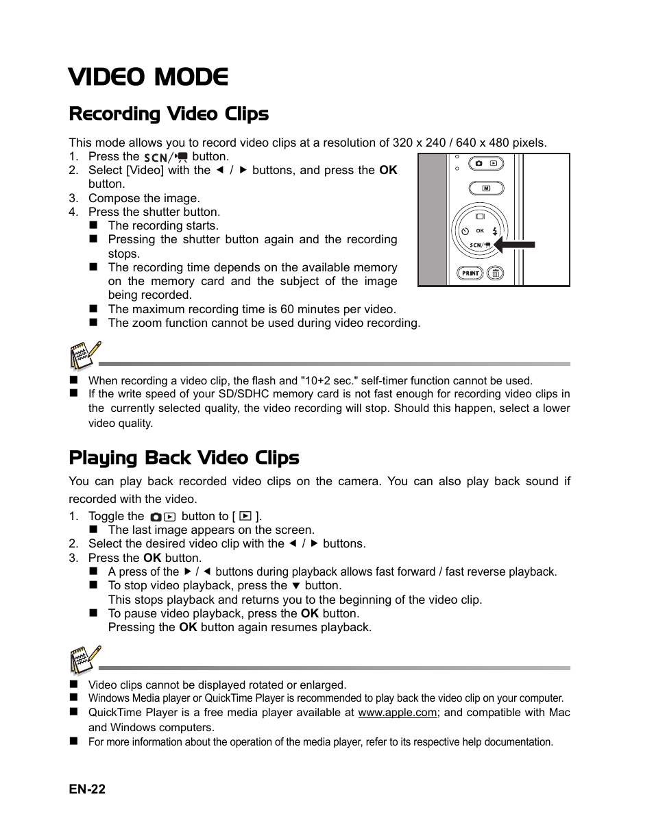 22 video mode, Video mode, Recording video clips | Playing back video clips | Polaroid CZA-05300B User Manual | Page 23 / 47