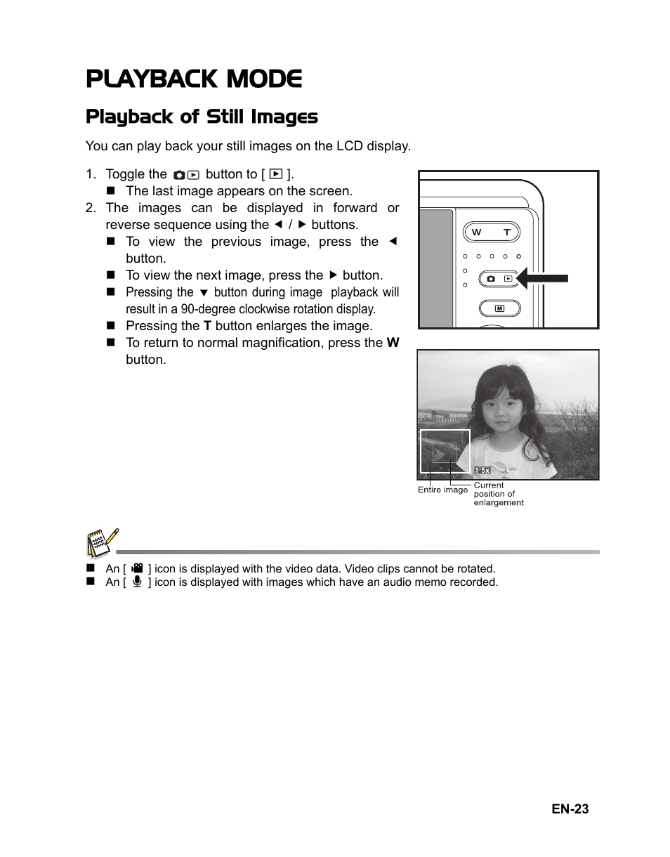 23 playback mode, 23 playback of still images, Playback mode | Playback of still images | Polaroid CZA-05300B User Manual | Page 24 / 47