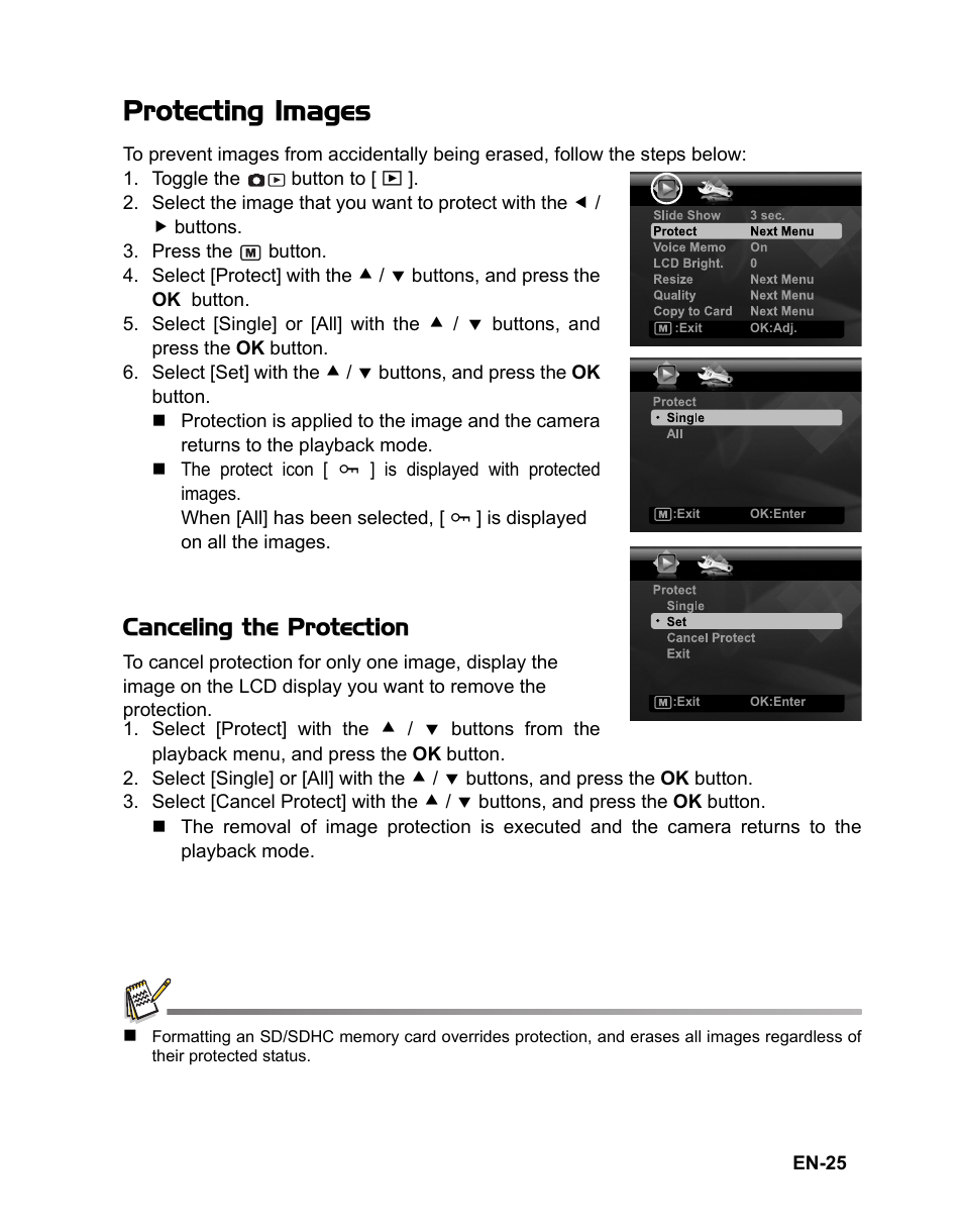 25 protecting images, Protecting images, Canceling the protection | Polaroid CZA-05300B User Manual | Page 26 / 47