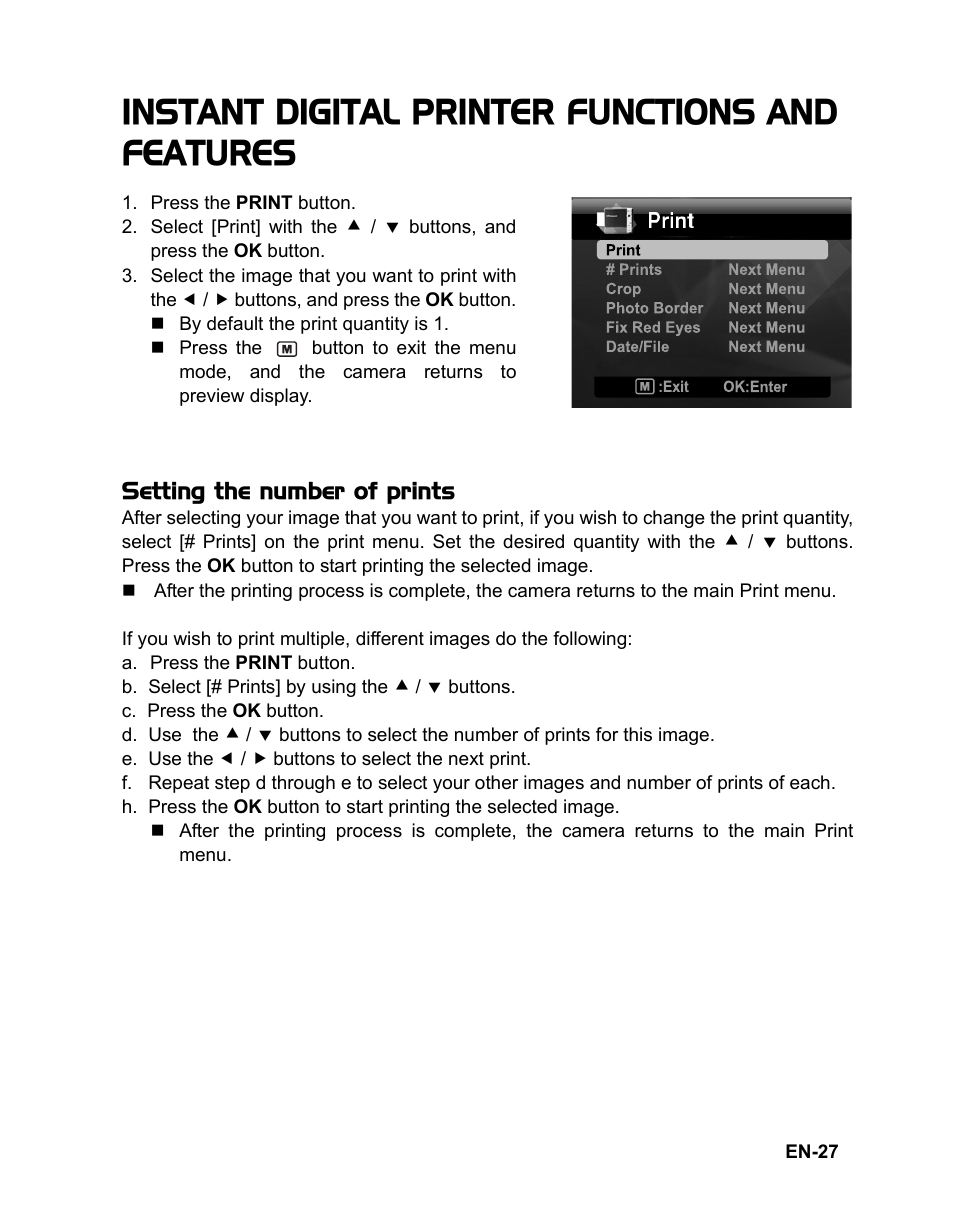 27 instant digital printer, Functions and features, Instant digital printer functions and features | Polaroid CZA-05300B User Manual | Page 28 / 47