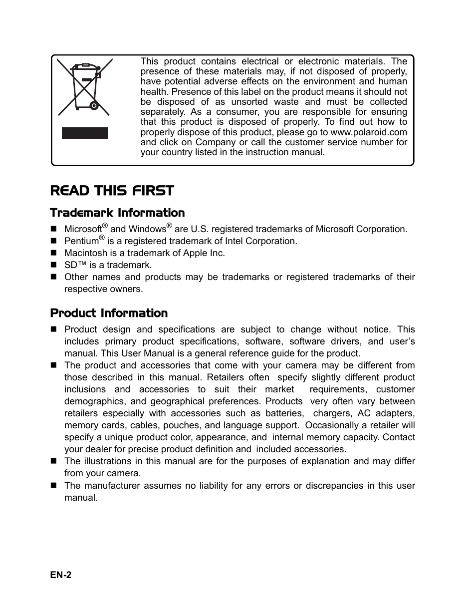 Read this first, Trademark information, Product information | Polaroid CZA-05300B User Manual | Page 3 / 47