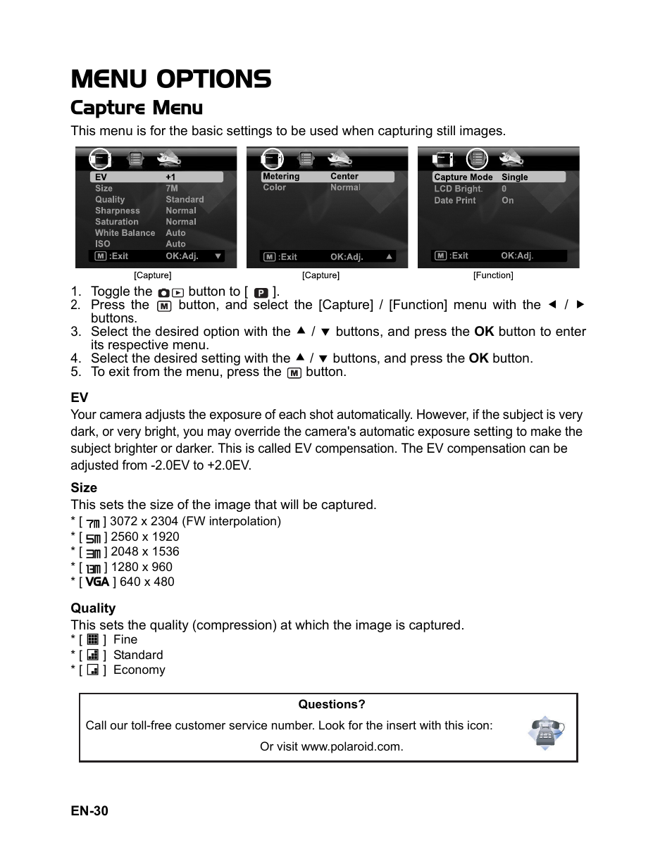 30 menu options, 30 capture menu, Menu options | Capture menu | Polaroid CZA-05300B User Manual | Page 31 / 47