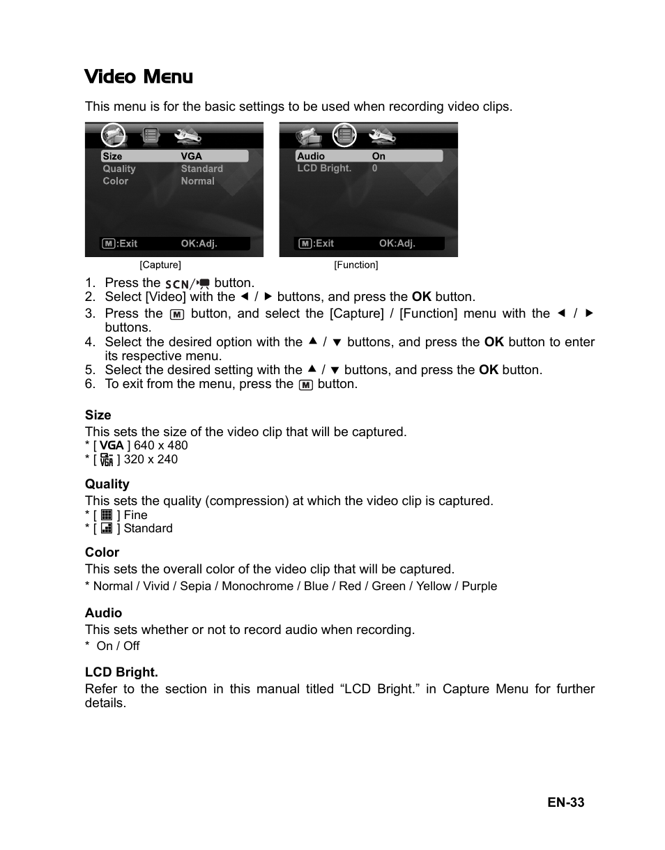 33 video menu, Video menu | Polaroid CZA-05300B User Manual | Page 34 / 47