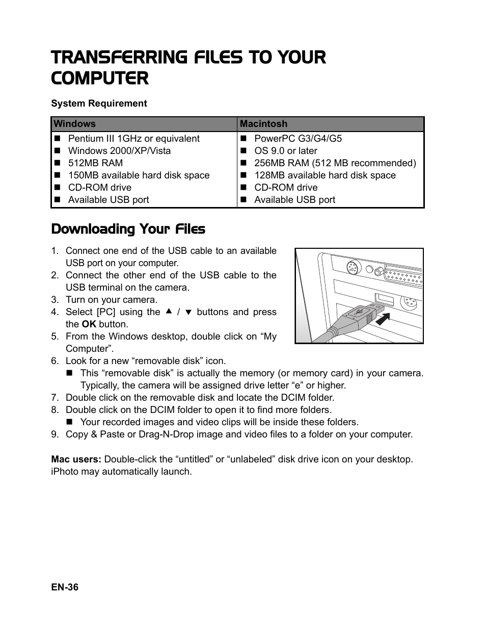 36 transferring files to, Your computer, 36 downloading your files | Transferring files to your computer, Downloading your files | Polaroid CZA-05300B User Manual | Page 37 / 47