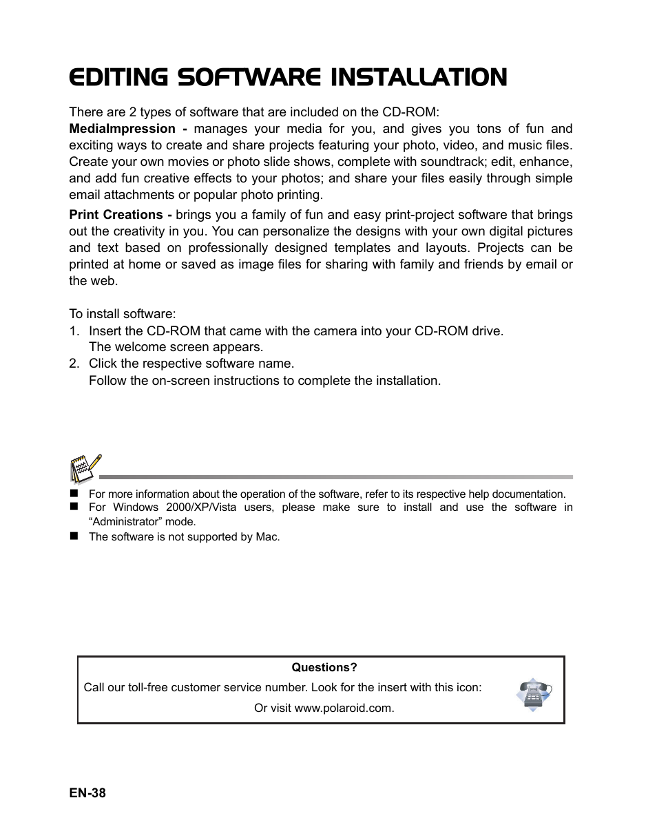 38 editing software, Installation, Editing software installation | Polaroid CZA-05300B User Manual | Page 39 / 47