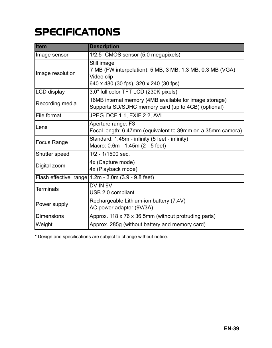 39 specifications, Specifications | Polaroid CZA-05300B User Manual | Page 40 / 47