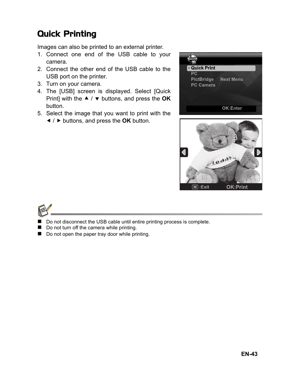 43 quick printing, Quick printing | Polaroid CZA-05300B User Manual | Page 44 / 47