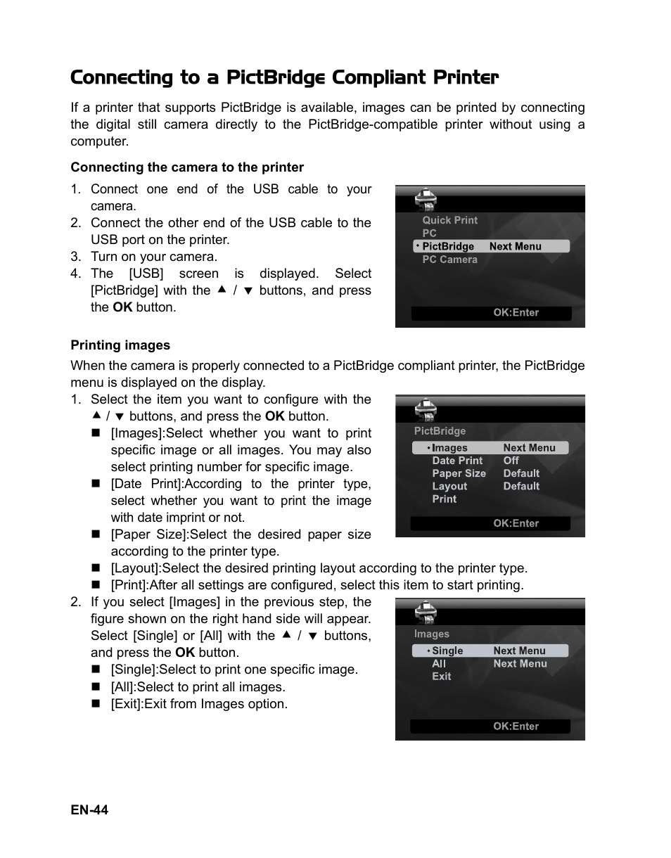 44 connecting to a pictbridge compliant, Printer, Connecting to a pictbridge compliant printer | Polaroid CZA-05300B User Manual | Page 45 / 47