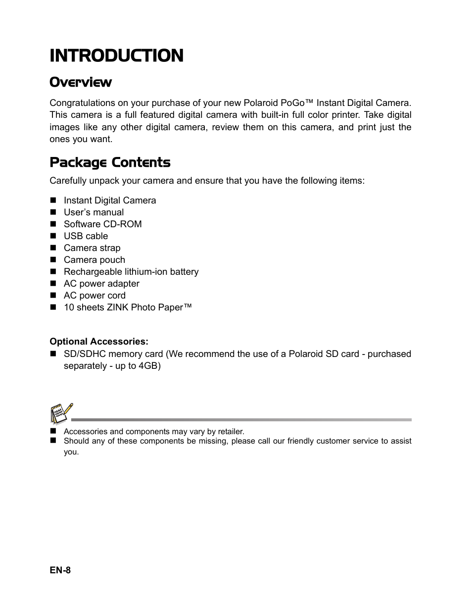 Introduction, Overview, Package contents | Polaroid CZA-05300B User Manual | Page 9 / 47