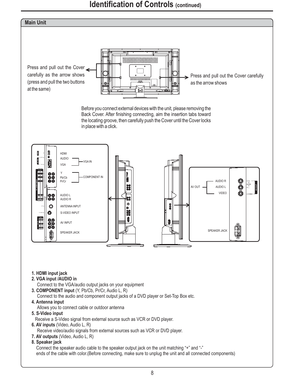 Identification of controls, Continued) main unit, Audio | Audio audio | Polaroid FLM-2625 User Manual | Page 11 / 42