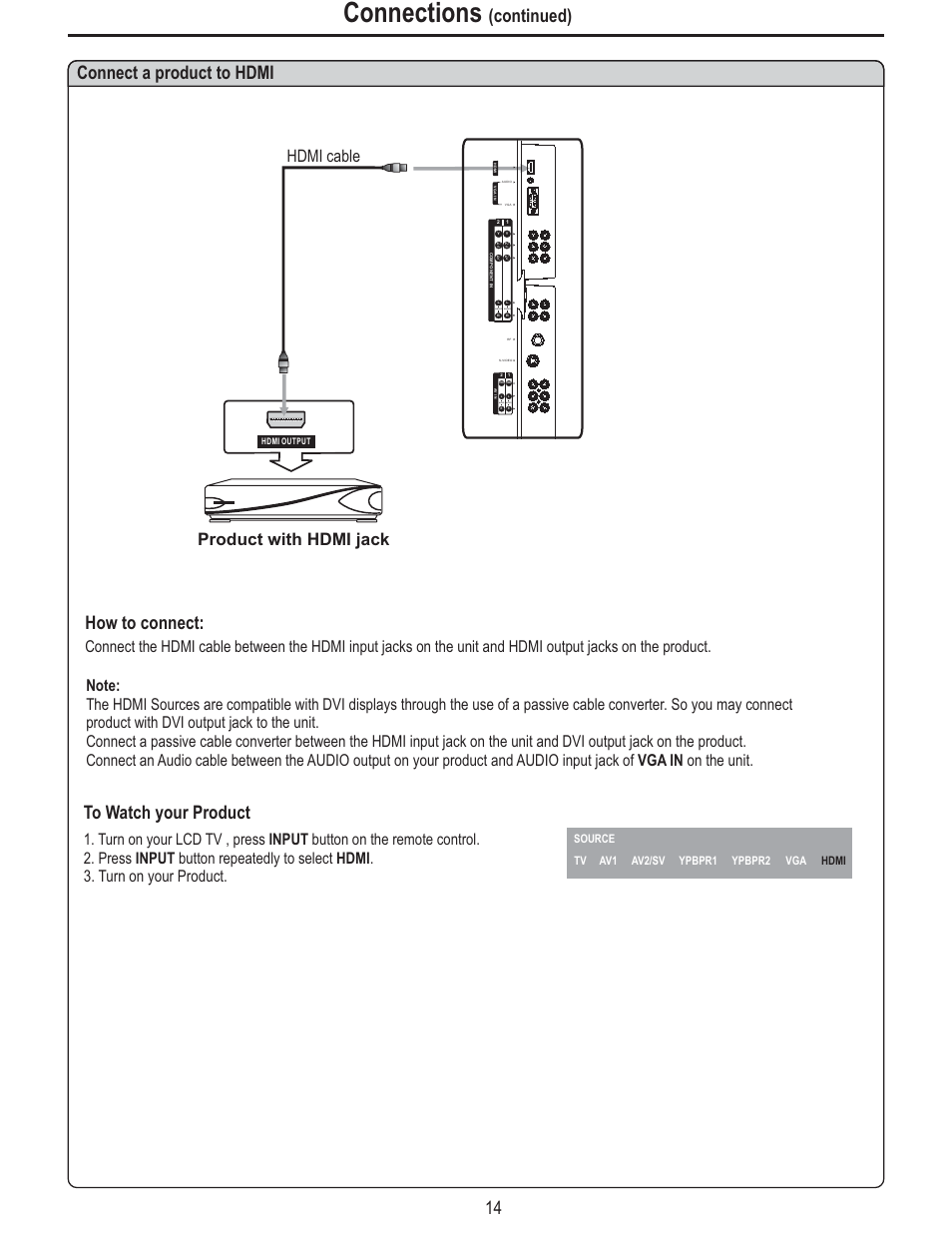 Connections, Connect a product to hdmi to watch your product, Continued) how to connect | Product with hdmi jack hdmi cable, Audio, Audio audio | Polaroid FLM-2625 User Manual | Page 17 / 42