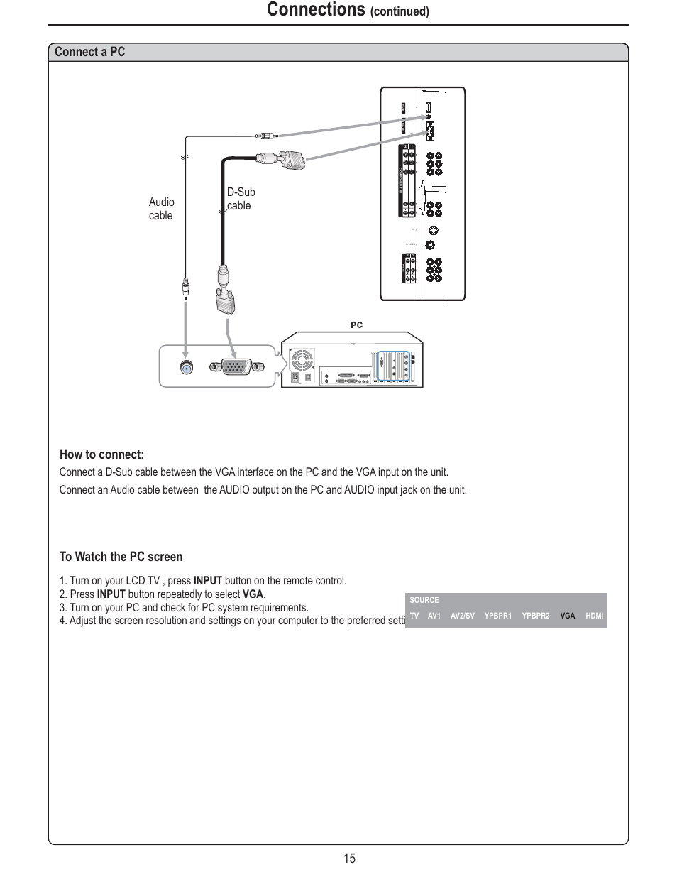 Connections, Connect a pc, Continued) how to connect | Audio cable d-sub cable, Audio, Audio audio | Polaroid FLM-2625 User Manual | Page 18 / 42