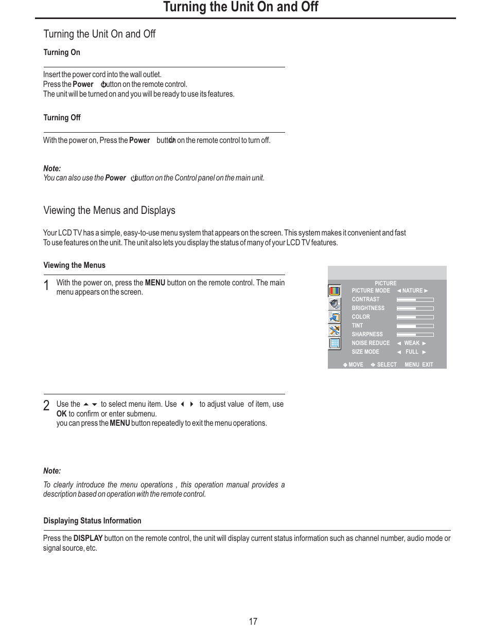 Turning the unit on and off, Viewing the menus and displays | Polaroid FLM-2625 User Manual | Page 20 / 42