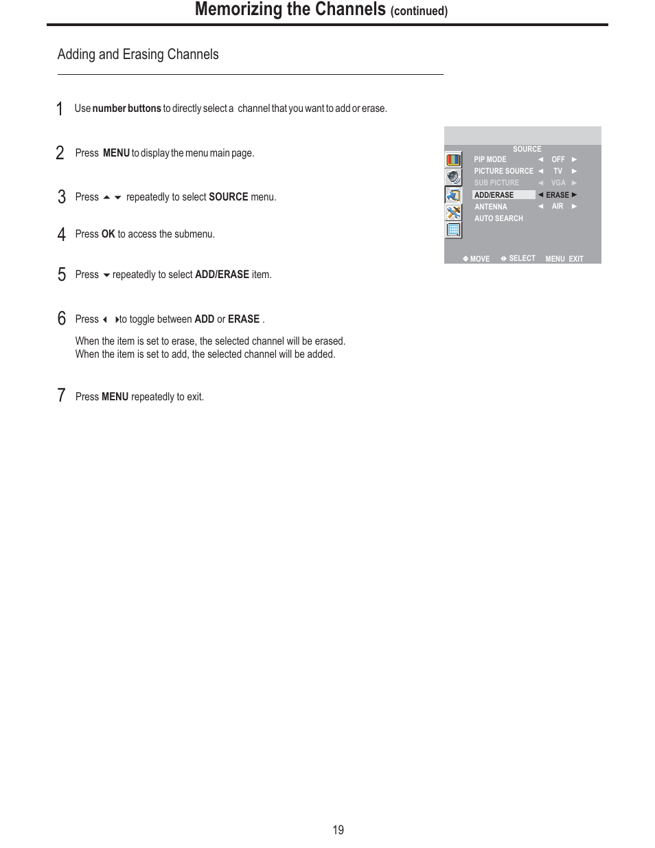 Adding and erasing channels | Polaroid FLM-2625 User Manual | Page 22 / 42