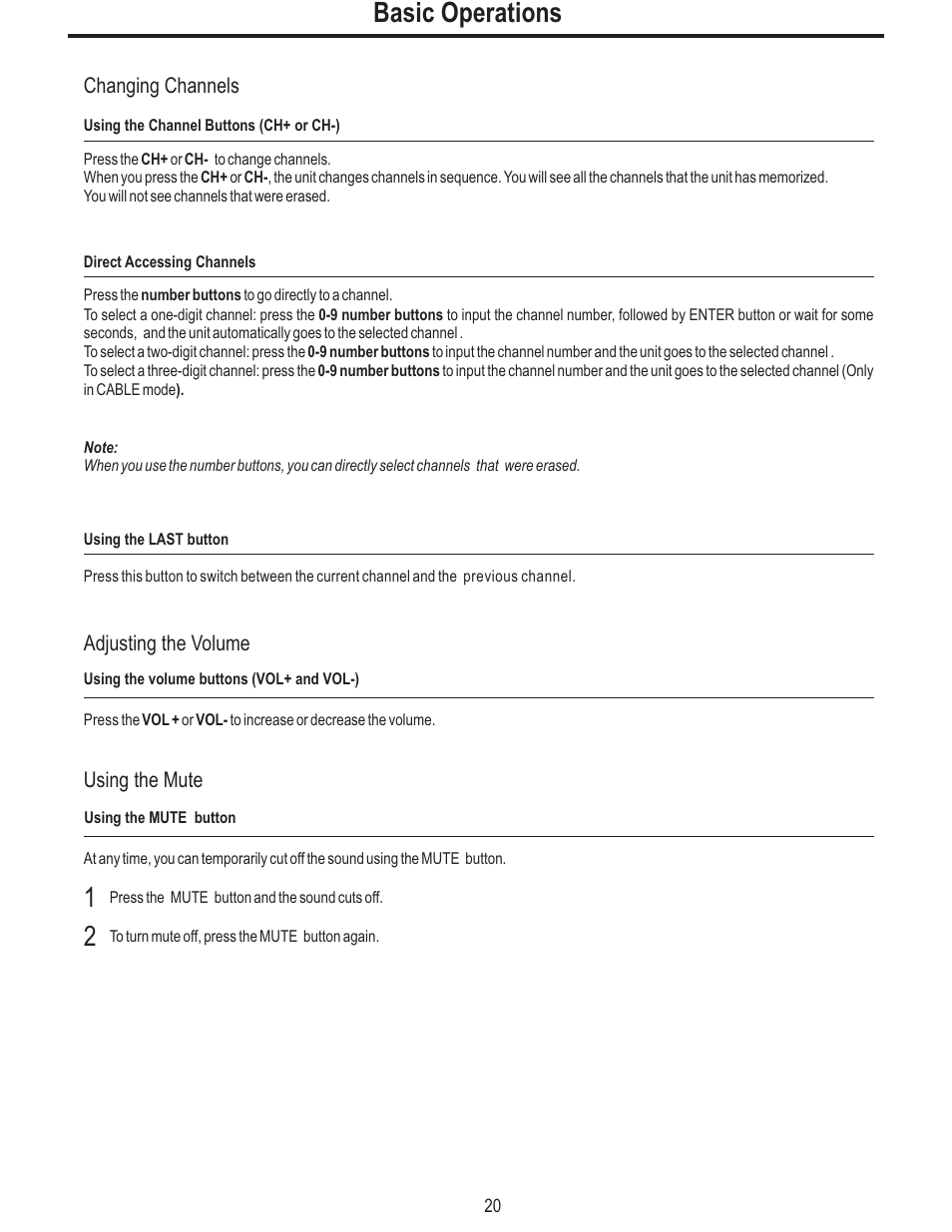 Basic operations, Changing channels, Adjusting the volume using the mute | Polaroid FLM-2625 User Manual | Page 23 / 42