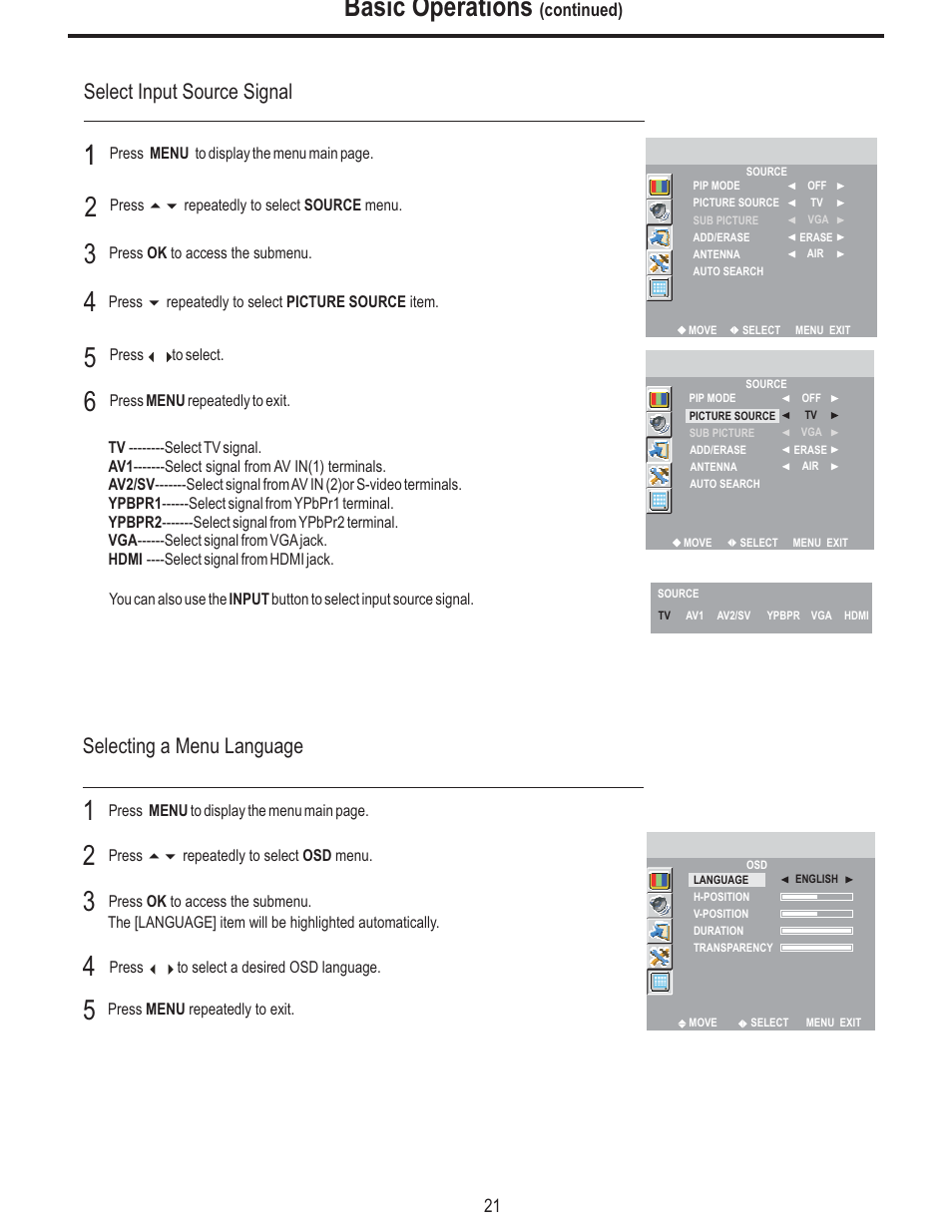 Basic operations, Select input source signal, Selecting a menu language | Polaroid FLM-2625 User Manual | Page 24 / 42