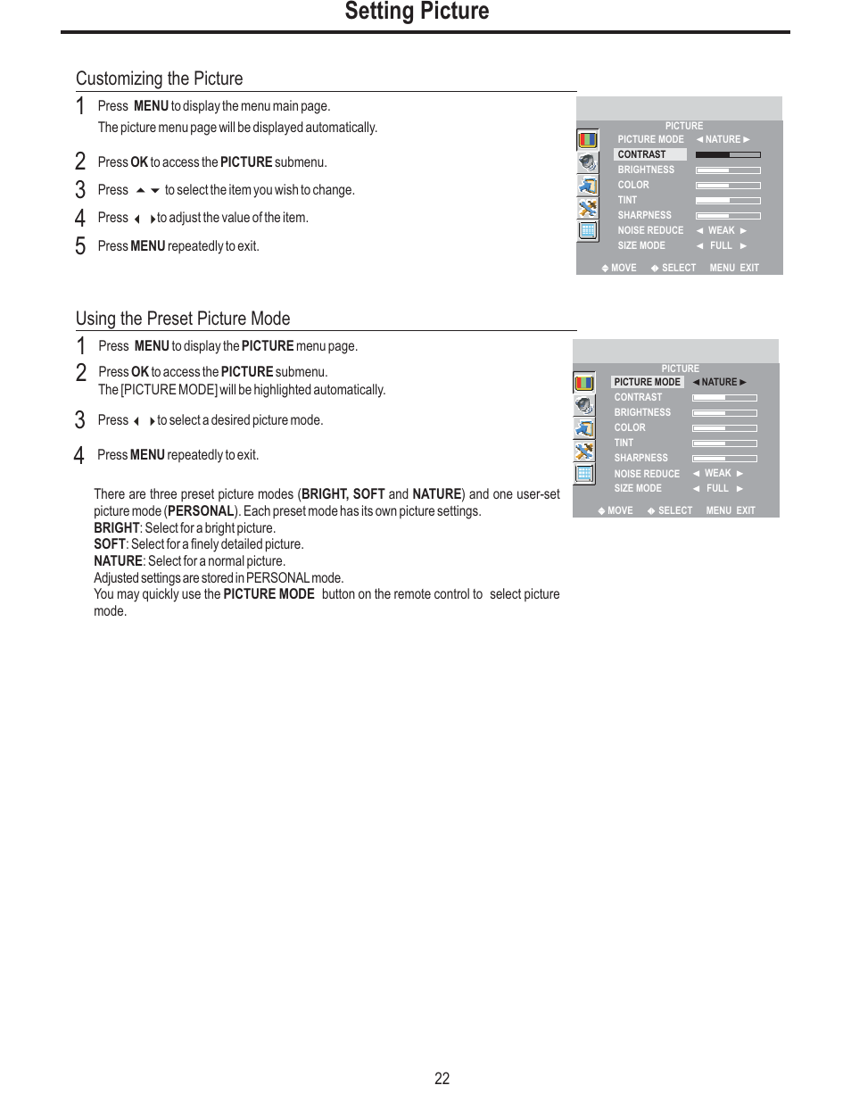 Setting picture, Using the preset picture mode, Customizing the picture | Polaroid FLM-2625 User Manual | Page 25 / 42