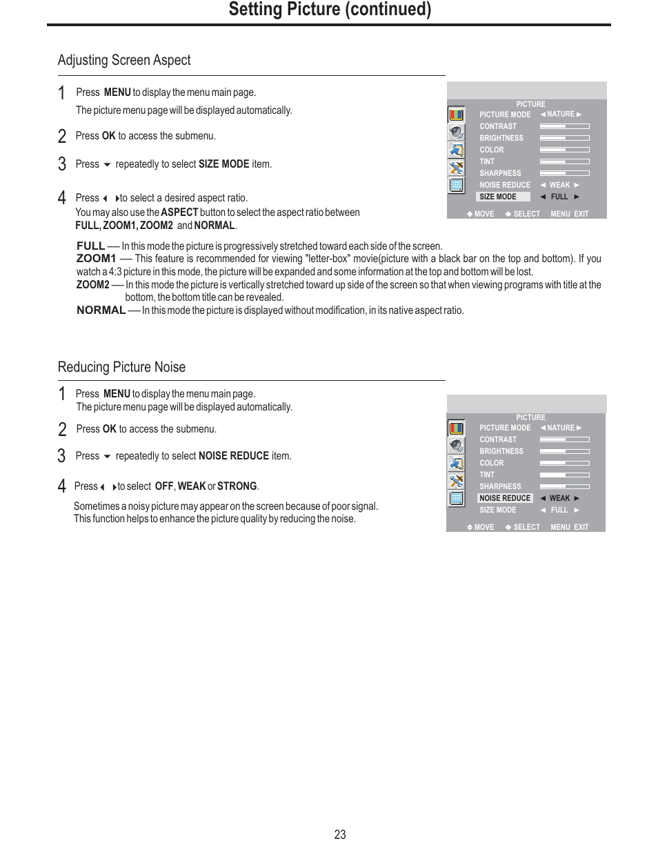 Setting picture (continued), Adjusting screen aspect, Reducing picture noise | Polaroid FLM-2625 User Manual | Page 26 / 42