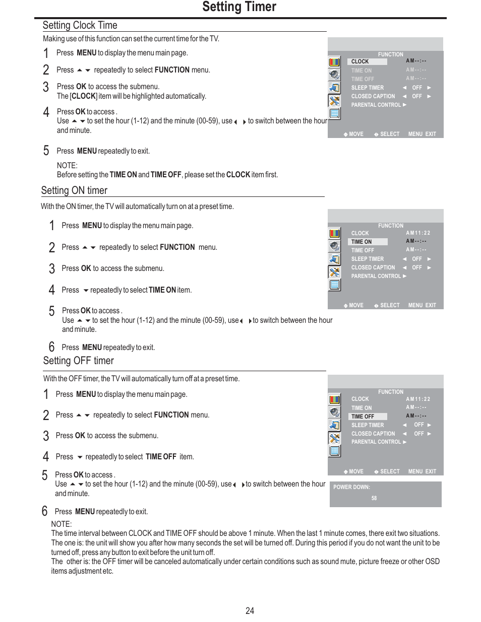 Setting timer, Setting clock time, Setting on timer | Setting off timer | Polaroid FLM-2625 User Manual | Page 27 / 42