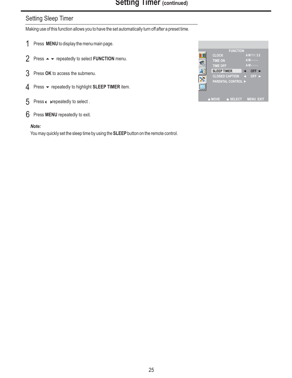 Setting timer, Setting sleep timer | Polaroid FLM-2625 User Manual | Page 28 / 42