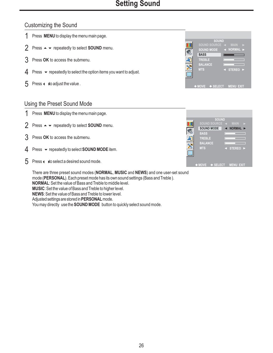 Setting sound, Customizing the sound, Using the preset sound mode | Polaroid FLM-2625 User Manual | Page 29 / 42