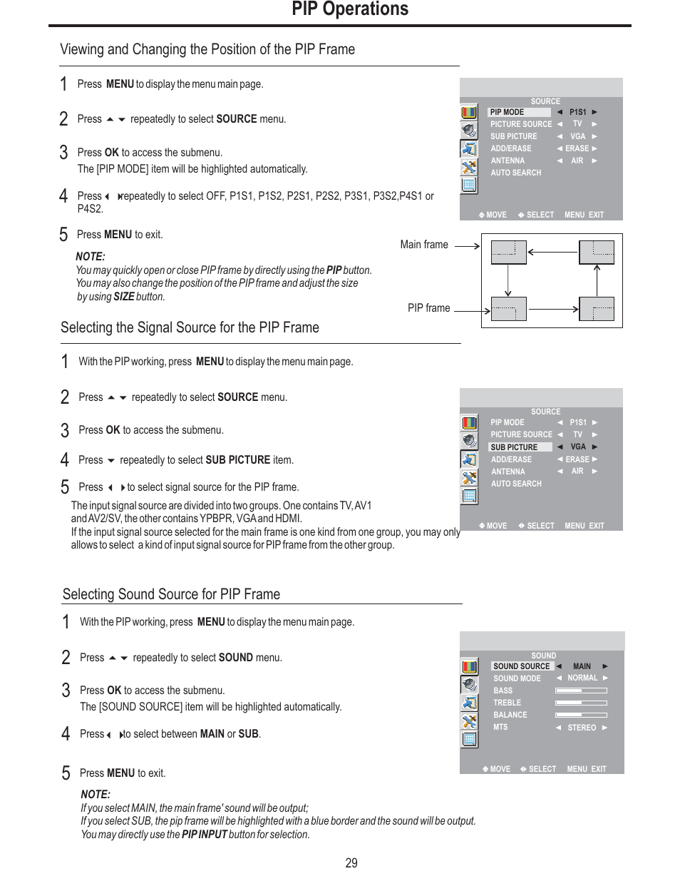 Pip operations, Viewing and changing the position of the pip frame, Selecting the signal source for the pip frame | Selecting sound source for pip frame | Polaroid FLM-2625 User Manual | Page 32 / 42