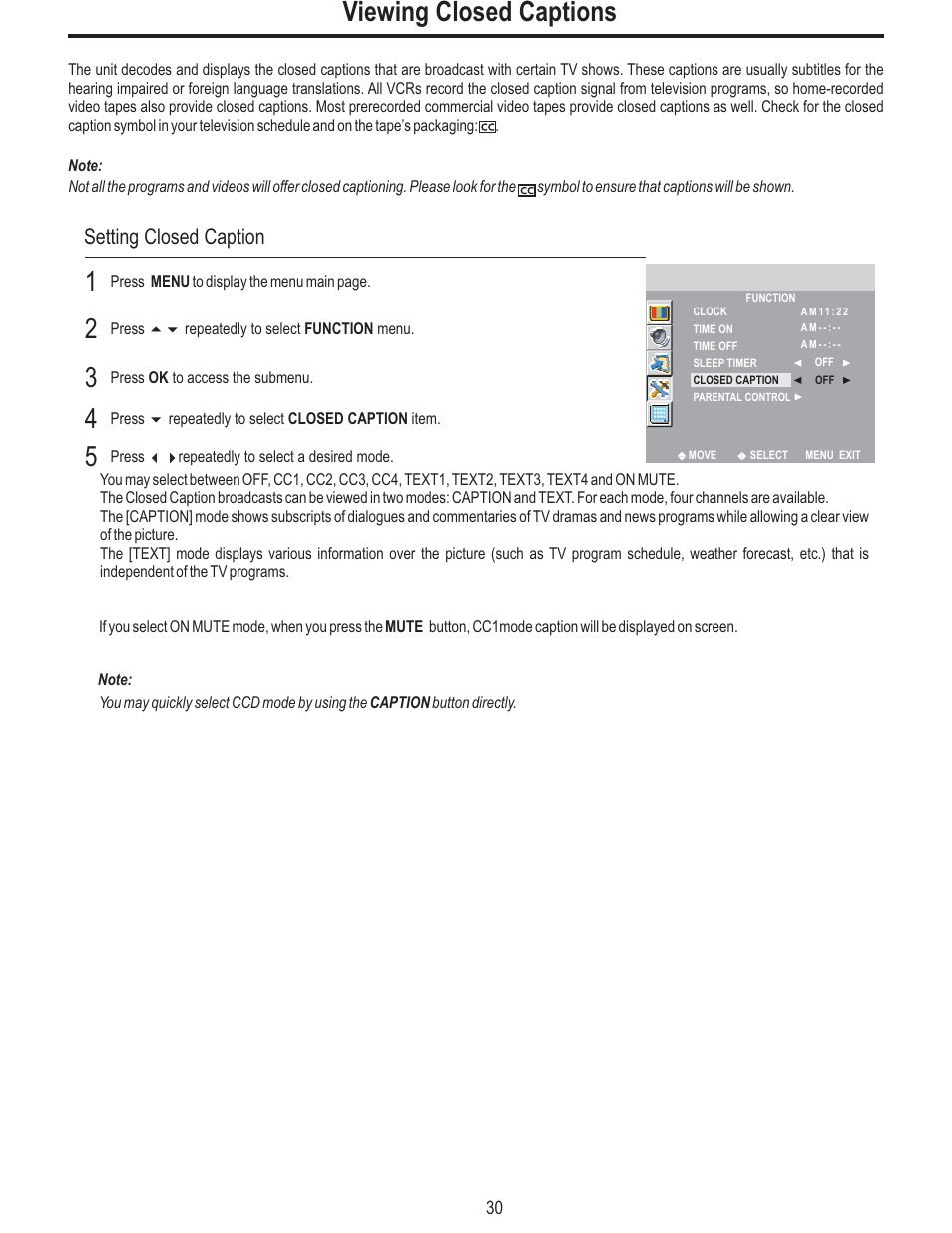 Viewing closed captions, Setting closed caption | Polaroid FLM-2625 User Manual | Page 33 / 42