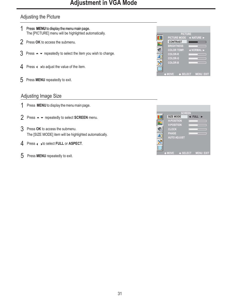 Adjustment in vga mode, Adjusting the picture, Adjusting image size | Polaroid FLM-2625 User Manual | Page 34 / 42