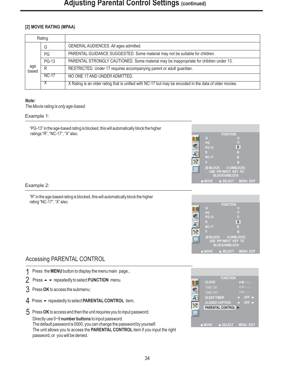 Adjusting parental control settings, Accessing parental control, Continued) 34 | Polaroid FLM-2625 User Manual | Page 37 / 42