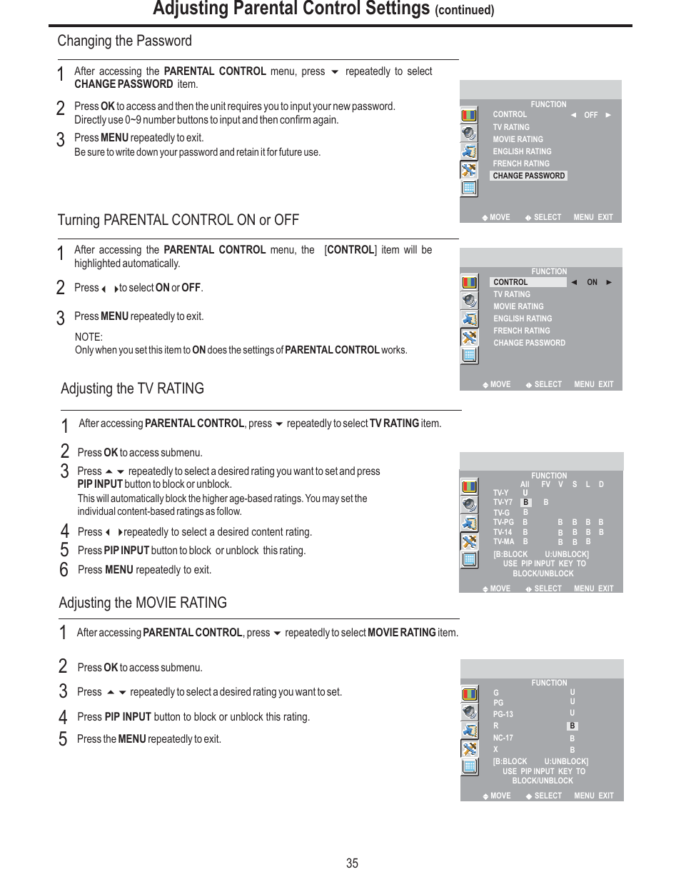 Adjusting parental control settings, Changing the password, Turning parental control on or off | Adjusting the tv rating, Adjusting the movie rating | Polaroid FLM-2625 User Manual | Page 38 / 42