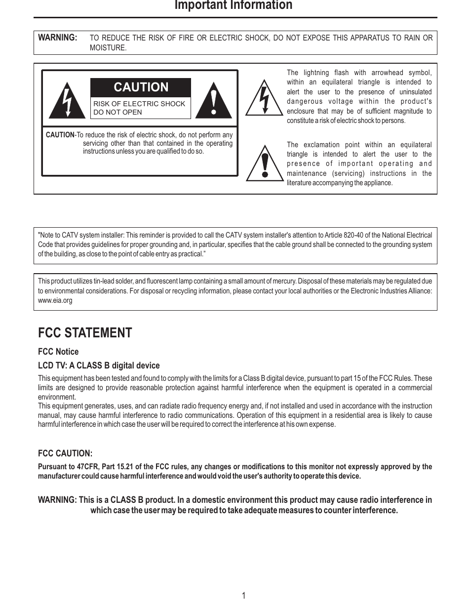 Important information, Fcc statement, Caution | Polaroid FLM-2625 User Manual | Page 4 / 42