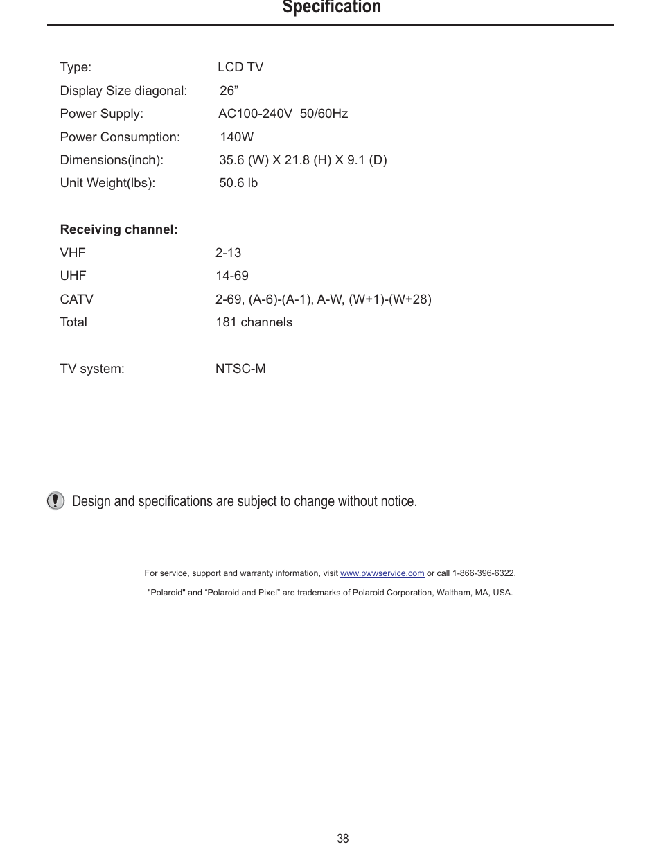 Specification | Polaroid FLM-2625 User Manual | Page 41 / 42